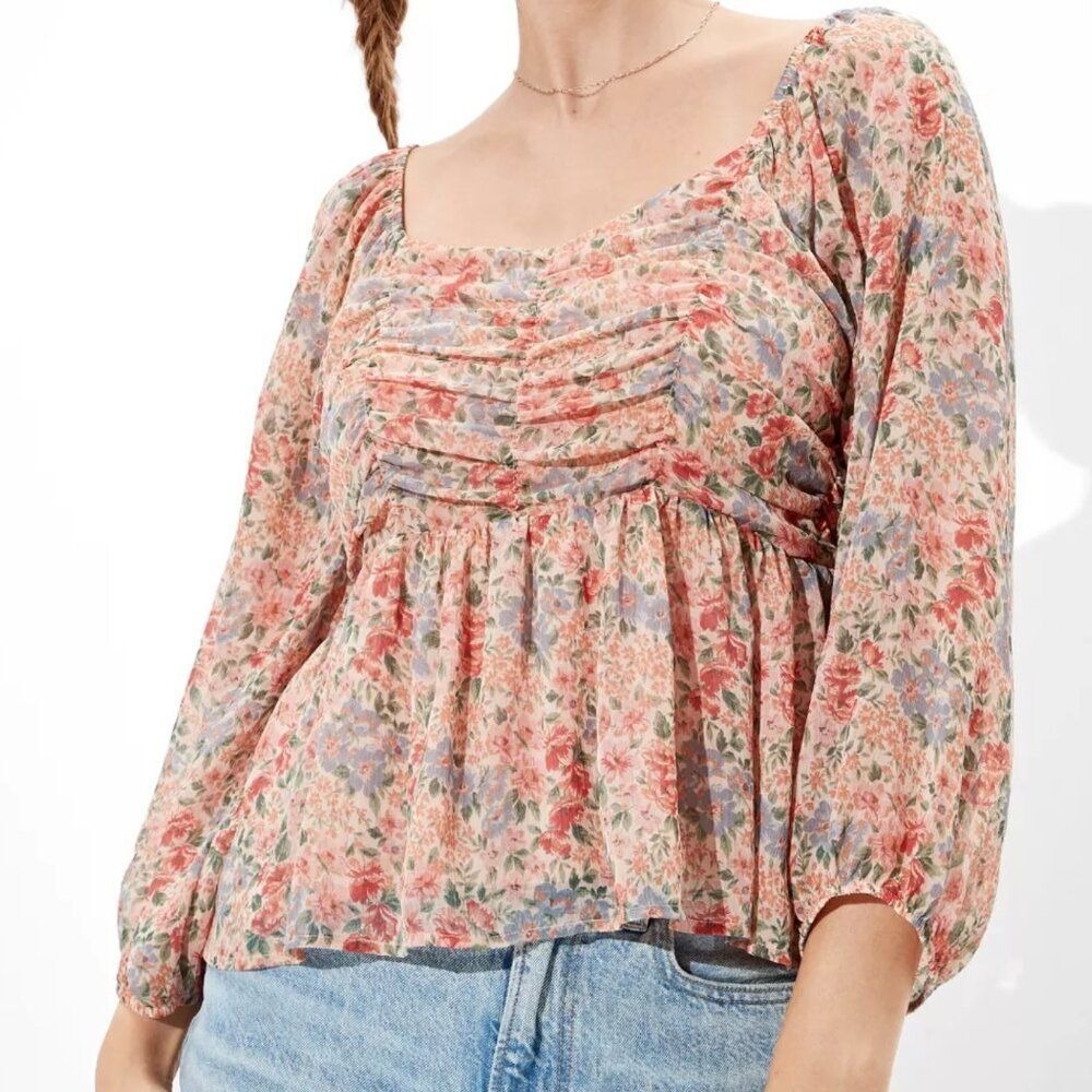 American Eagle Floral Ruched Chiffon Babydoll Boho Cottagecore Romantic Size S